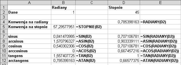 Zastosowanie funkcji w formułach Rysunek 5.44. Przykład ilustruje zastosowanie wybranych funkcji trygonometrycznych.