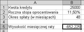 Zastosowanie funkcji w formułach Aby obliczyć wysokość miesięcznych rat spłaty kredytu: Rysunek 5.49.