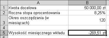 Zastosowanie funkcji w formułach Aby obliczyć wysokość wkładu niezbędnego do osiągnięcia w danym okresie założonej kwoty oszczędności: Rysunek 5.55.
