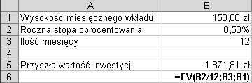 Rozdział 5. Funkcje finansowe Funkcja FV Funkcja (rysunek 5.58) pozwala uzyskać wartość przyszłej inwestycji przy założeniu okresowych, stałych płatności i stałej stopie procentowej.