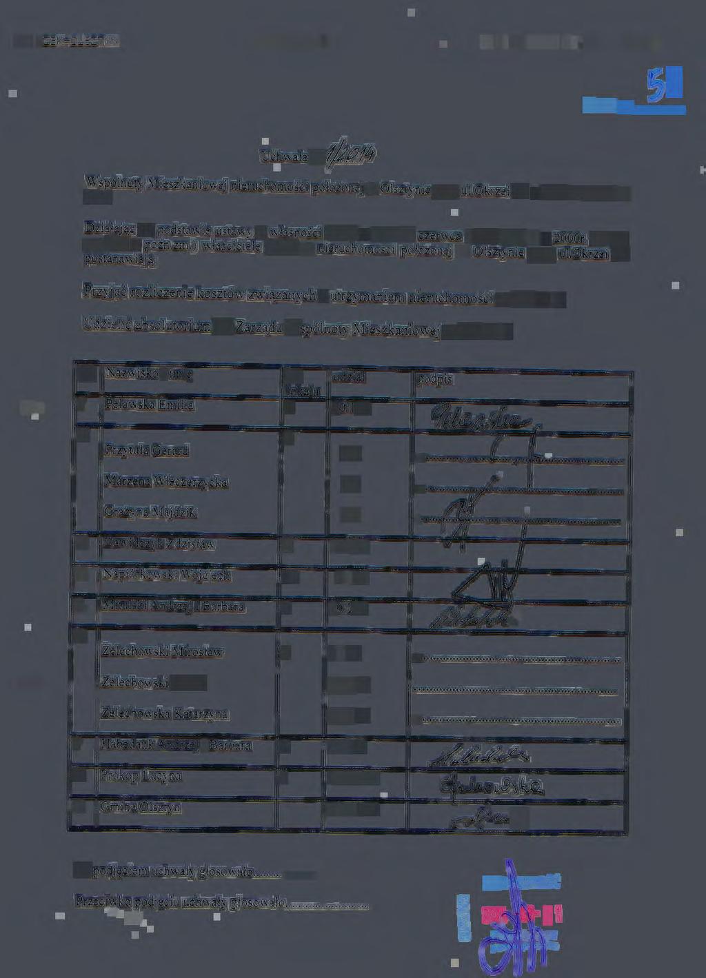 OD : ZBf< -OLSZTYt'i l'lr FRf<SU 8 SI E. 2014 11 : 35 STR. 1 J~qrta s~ nr... _ Uchwala Nrfti.J:/4 Wspólnoty Mieszkaniowej nieruchomości połozonej w Olsztynie przy ui.okrzei 20 z dnia 17.04.