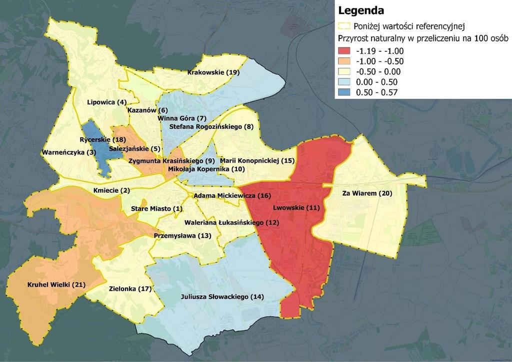 Przyrost naturalny w przeliczeniu na 100 osób wg faktycznego miejsca zamieszkania; Na większości przemyskich osiedli (16 osiedli z 21 ogółem) wskaźnik przyrostu naturalnego wykazywał wartości ujemne
