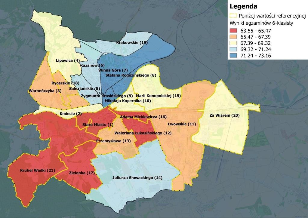 Wyniki egzaminów 6-klasisty; W ramach analizy wskaźnikowej sfery społecznej rozpatrywane są również różnice w potencjale edukacyjnym poszczególnych obszarów.