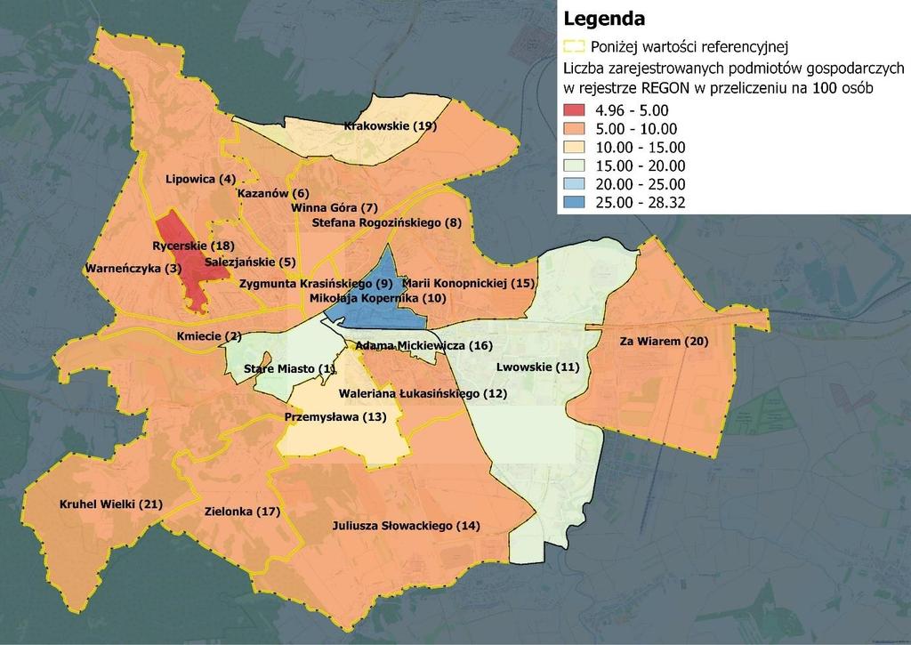 Liczba zarejestrowanych podmiotów gospodarczych w rejestrze REGON w przeliczeniu na 100 osób; Podstawowym miernikiem rozwoju gospodarczego i przedsiębiorczości mieszkańców danego obszaru jest