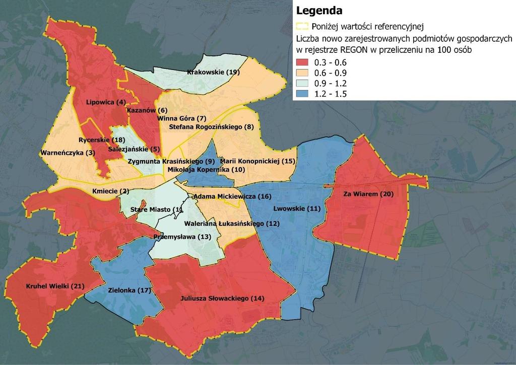 Wskaźnik liczby nowo zarejestrowanych podmiotów gospodarczych przypadających na 100 osób pozwala ocenić, które z rejonów miasta posiadają wysoki potencjał dla rozwoju funkcji gospodarczej.