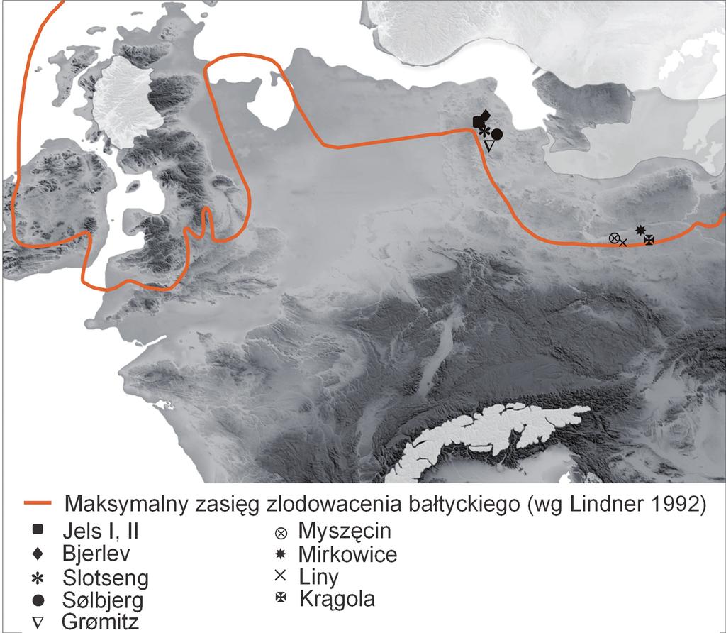 zasiedlenie niżu europejskiego u schyłku pleniglacjału 15 Ryc. 3. Lokalizacja stanowisk kultury hamburskiej w strefie młodoglacjalnej. Mapa Europy w okresie GI 1e-d wykonana przez S. B.