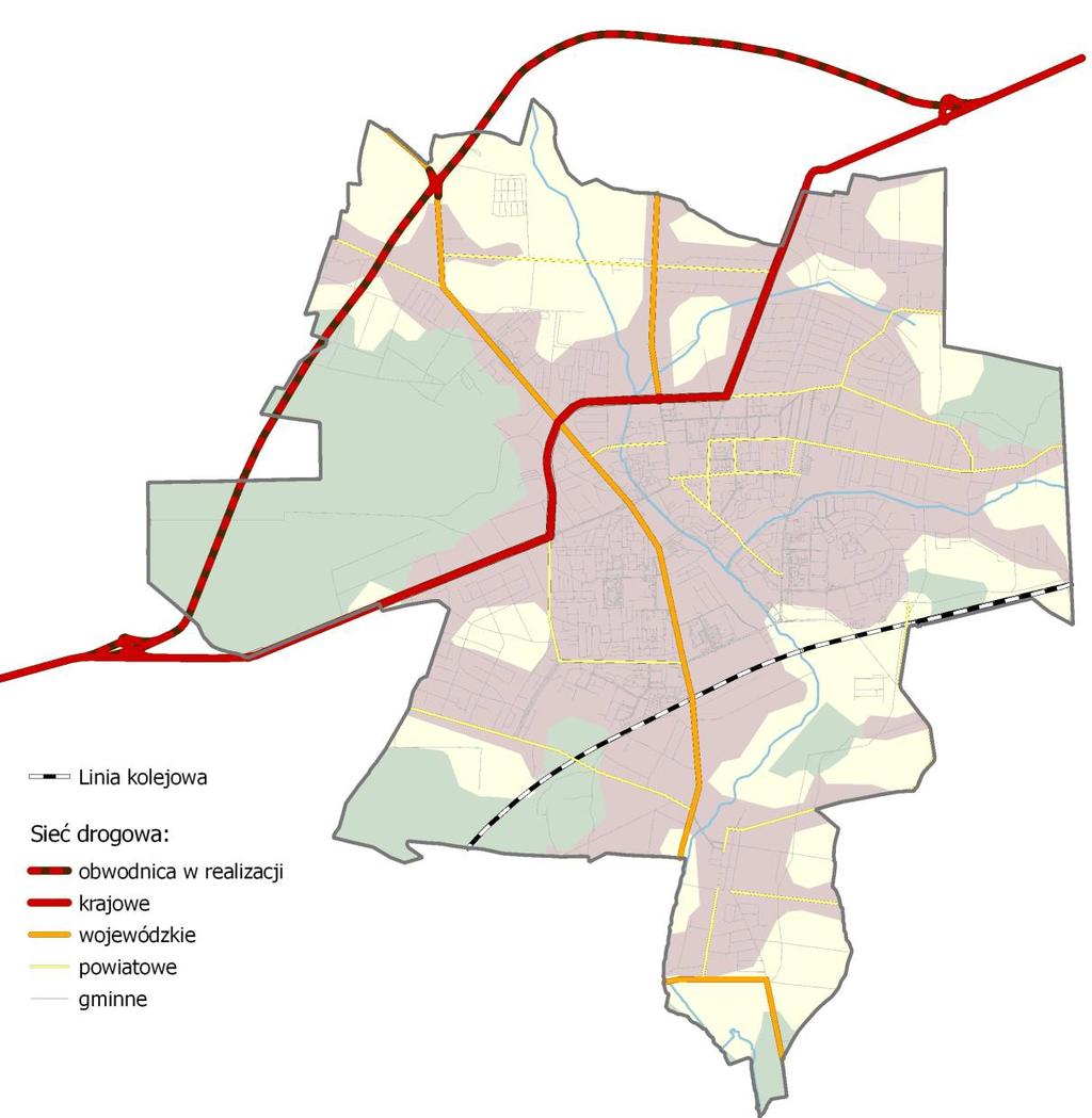 Mapa 4. Sieć drogowa i kolejowa w Bełchatowie Źródło: Plan zrównoważonego rozwoju publicznego transportu zbiorowego Miasta Bełchatowa na lata 2016 2025 