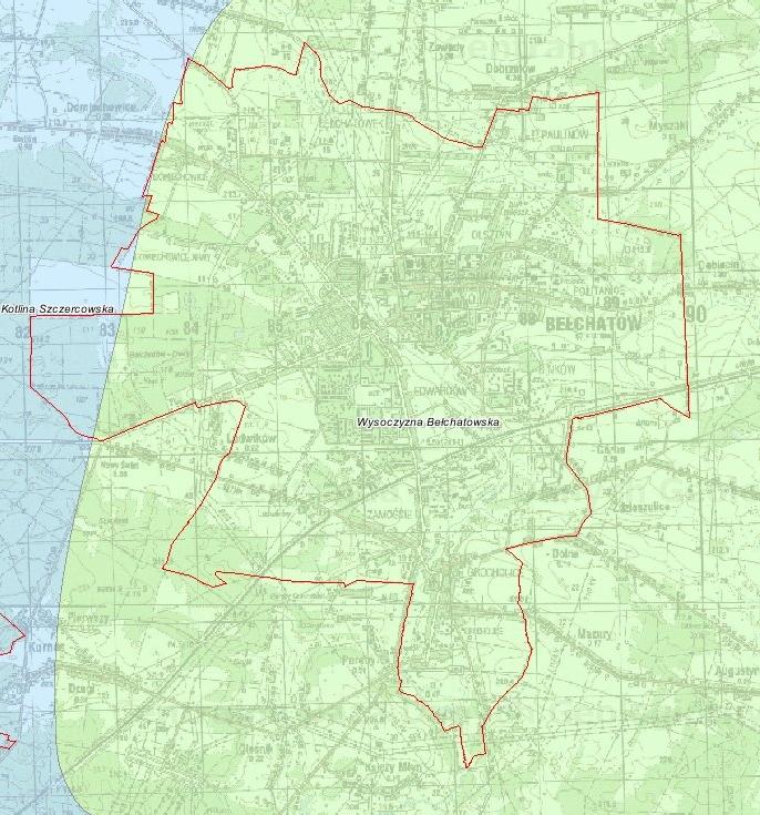 powstania wydm i terenów bezodpływowych. Mapa 5. Położenie Bełchatowa na tle mezoregionów fizycznogeograficznych Źródło: Centralna Baza Danych Geologicznych: bazagis.pgi.gov.pl/website/cbdg/wiver.