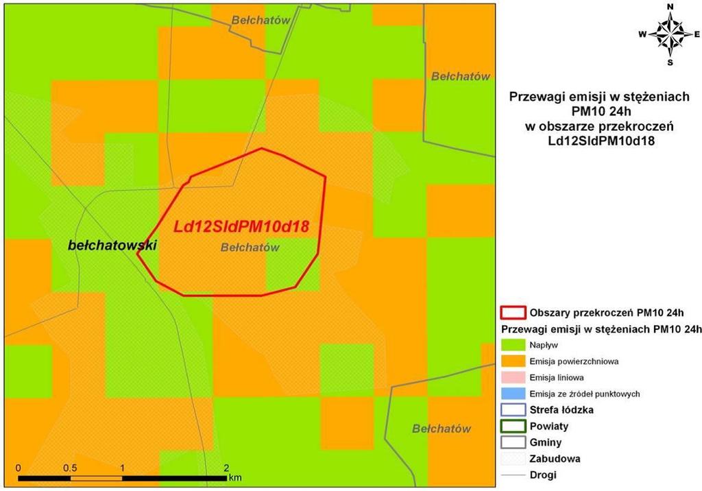 Mapa 9. Przewagi emisji w stężeniach pyłu zawieszonego PM10 24h w obszarze przekroczeń Ld12SldPM10d18 w strefie łódzkiej w 2012 r.