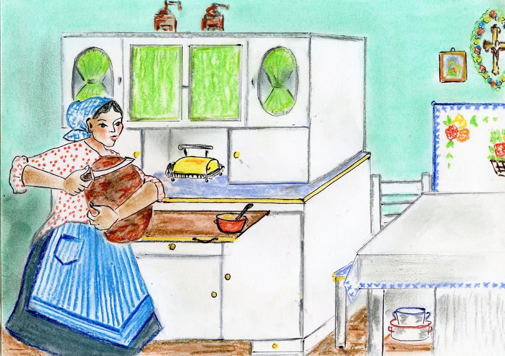 i mónka, cuker, łocet, łolyj A na wiyrchu w pojszczodku, za szybkami postrojónymi biołymi, heklowanymi, wyszkróbiónymi gardinkami, były połukłodane wyglancowane porcelanowe talyrze, kómy, asjetki,