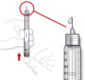Wcisnąć całkowicie przycisk podania dawki. Sprawdzić czy na końcu igły pojawia się insulina. Test bezpieczeństwa może być wykonany kilka razy, zanim insulina będzie widoczna.