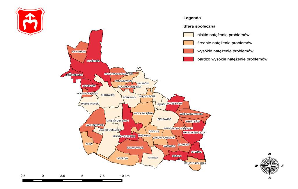 Mapa 3 Koncentracja negatywnych zjawisk w sferze społecznej w poszczególnych jednostkach referencyjnych na terenie Gminy Opoczno Źródło: Opracowanie własne na podstawie danych Urzędu