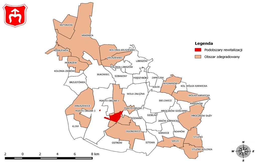 Mapa 13 Lokalizacja obszaru rewitalizacji na tle obszaru zdegradowanego w Gminie Opoczno