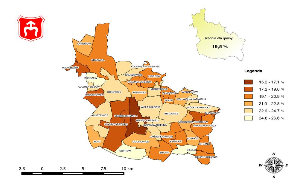 Mapa 16 Rozkład wartości wskaźnika udział ludności w wieku przedprodukcyjnym w % ludności ogółem w poszczególnych jednostkach referencyjnych na