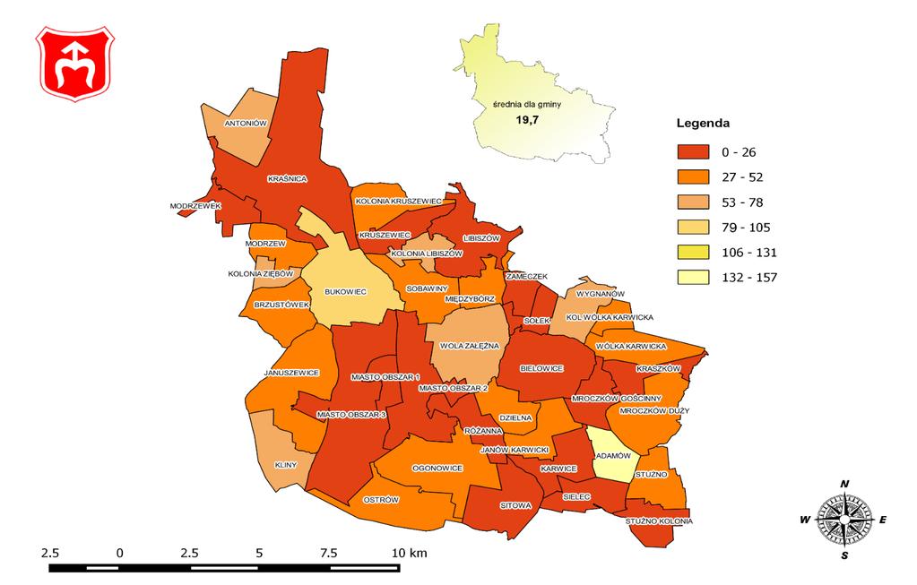 Mapa 18 Rozkład wartości wskaźnika budynki mieszkalne nowe oddane do użytkowania w przeliczeniu na 10 tys.