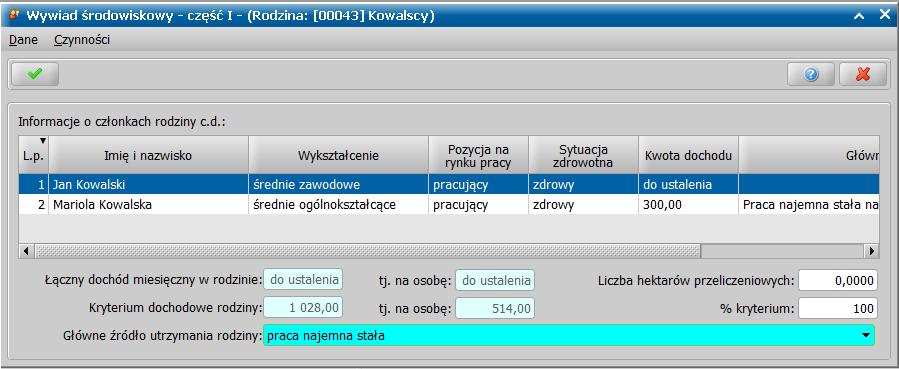 Łączny dochód w rodzinie pojawi się ikona lupy Uruchamia ona okno, służące do uzupełnienia informacji o dochodach.