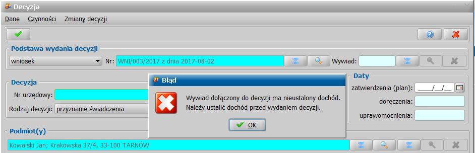 Służy do tego przycisk Wstaw wykaz dochodów, umieszczony pod oceną sytuacji i dostępny tylko jeśli ustalono dochody wszystkim osobom, które miały nieustalony dochód.