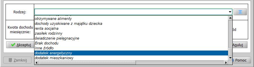 Po wykonaniu czynności, w programie WYWIAD Plus znajdą się wszystkie rozszerzenia lokalne źródeł dochodów i rodzajów świadczeń, jakie zostały