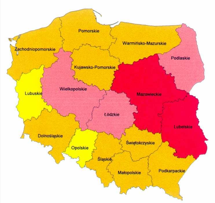 PoniŜej przedstawiono nagromadzenie wyrobów zawierających azbest w układzie wojewódzkim. Rys. 1. Nagromadzenie wyrobów zawierających azbest w układzie wojewódzkim.