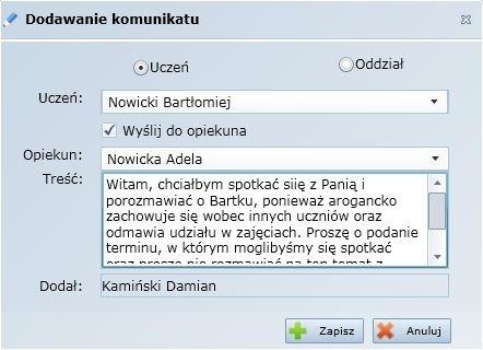 Moduł lekcyjny Rysunek 16. Dodawanie indywidualnego komunikatu wysyłanego tylko do rodzica. W oknie Dodawanie komunikatu zaznaczyć pole komunikatu.