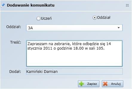 Praca z Modułem lekcyjnym Rysunek 17. Komunikat do oddziału. Aby zapisać komunikat należy kliknąć przycisk.