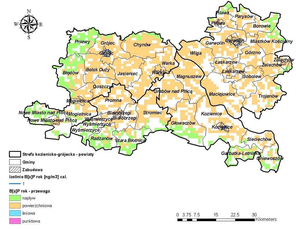 Rysunek 78 Udział typów emisji w stężeniach benzo(α)pirenu o okresie uśredniania wyników pomiarów rok kalendarzowy w receptorach na obszarze strefy kozienickogrójeckiej w 2007 r.