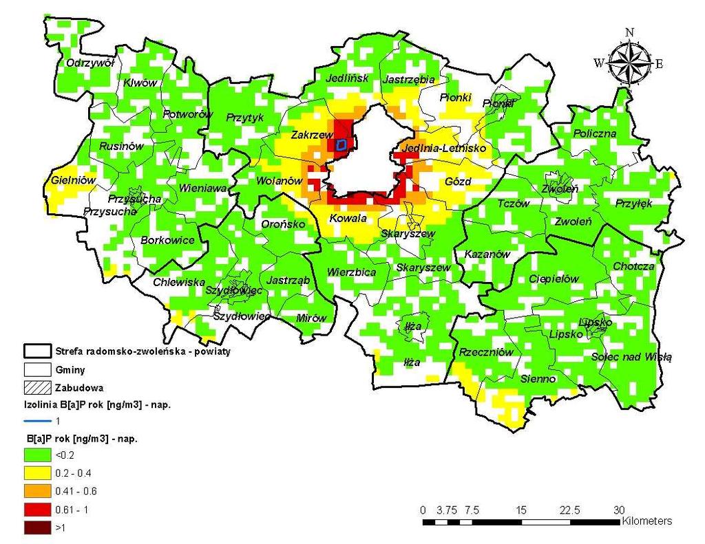 Rysunek 97 Rozkład stężeń benzo(α)pirenu o okresie uśredniania wyników pomiarów rok kalendarzowy pochodzących od emisji napływowej na terenie strefy radomskozwoleńskiej w 2007 r.