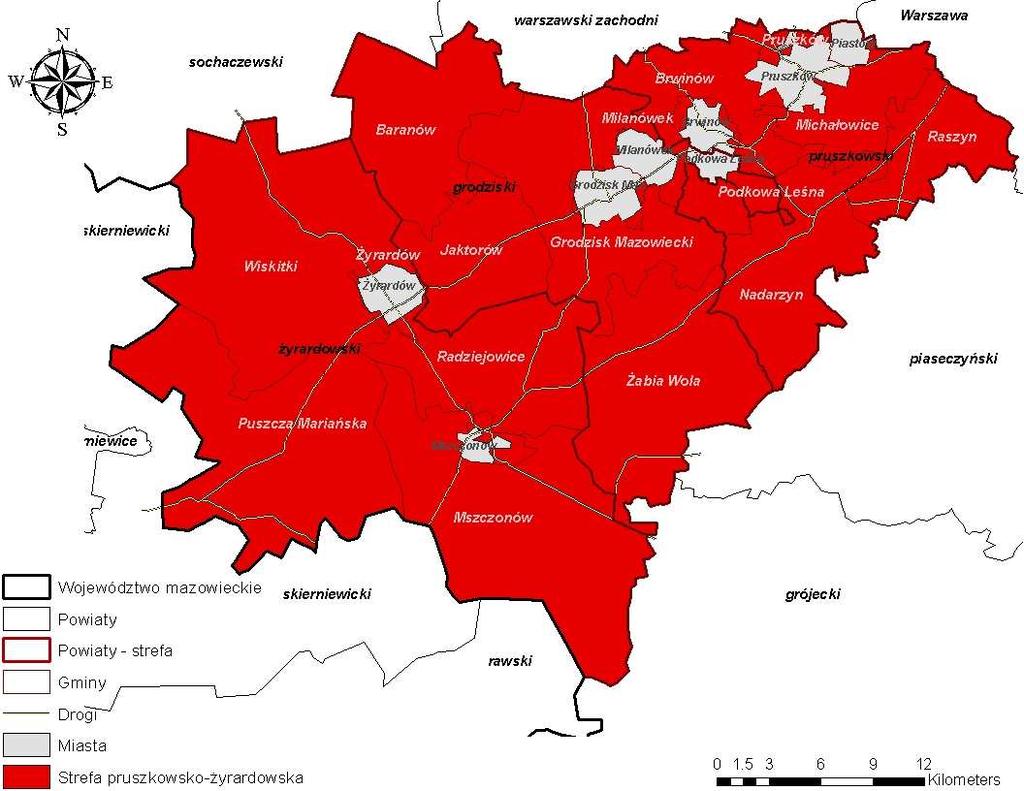 Rysunek 6 Strefa pruszkowsko-żyrardowska Tabela 13 Liczba ludności w strefie pruszkowsko-żyrardowskiej Strefa pruszkowsko -żyrardowska powiat grodziski powiat pruszkowski pruszkowski żyrardowski