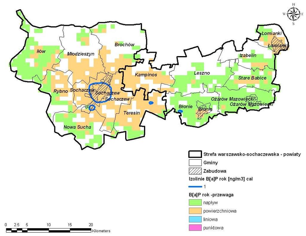 Rysunek 114 Udział typów emisji w stężeniach benzo(α)pirenu o okresie uśredniania wyników pomiarów rok kalendarzowy w receptorach na obszarze strefy warszawskosochaczewskiej w 2007 r.