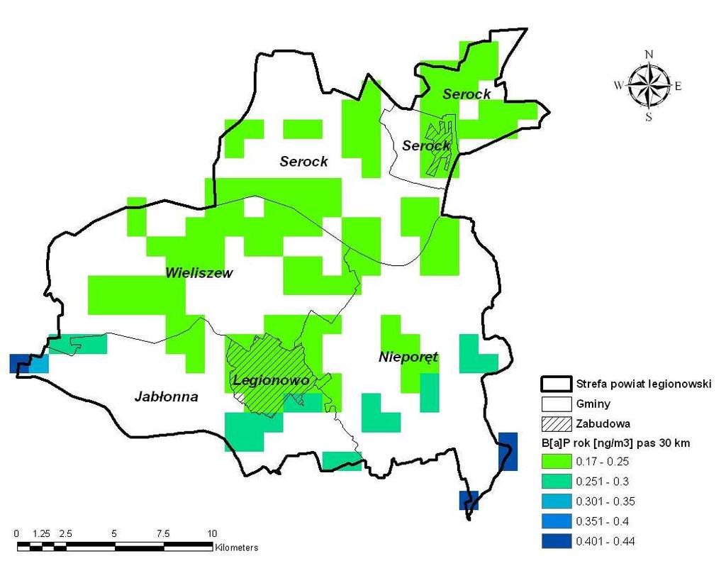 Rysunek 115 Rozkład stężeń benzo(α)pirenu o okresie uśredniania wyników pomiarów rok kalendarzowy pochodzących od emisji napływowej na terenie strefy powiat legionowski w 2007 r.