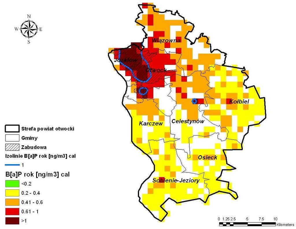 Rysunek 131 Rozkład stężeń benzo(α)pirenu o okresie uśredniania wyników pomiarów rok kalendarzowy z emisji całkowitej na terenie strefy powiat otwocki w 2007 r.