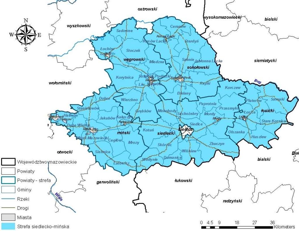 obszar Polski od granicy z Niemcami do granicy z Ukrainą, DK48, DK79; drogi wojewódzkie DW747, DW727, DW744; oraz sieć dróg powiatowych i lokalnych.