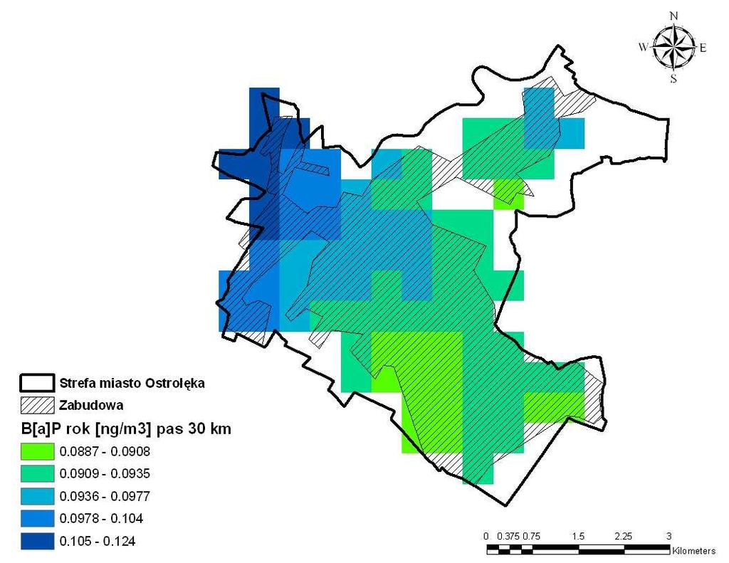 Rysunek 145 Rozkład stężeń benzo(α)pirenu o okresie uśredniania wyników pomiarów rok kalendarzowy pochodzących od emisji napływowej na terenie strefy miasto Ostrołęka w 2007 r.