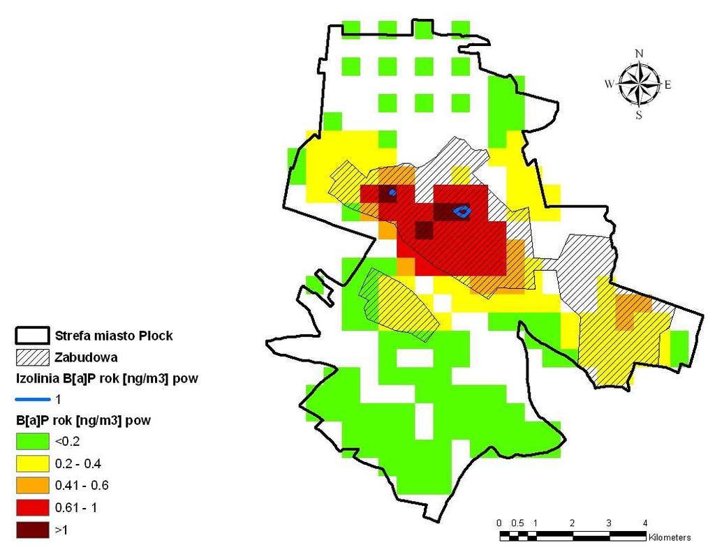 Rysunek 153 Rozkład stężeń benzo(α)pirenu o okresie uśredniania wyników pomiarów rok kalendarzowy pochodzący od emisji powierzchniowej na terenie strefy miasto Płock w 2007 r.