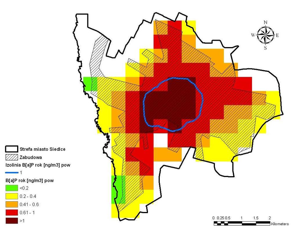 Rysunek 165 Rozkład stężeń benzo(α)pirenu o okresie uśredniania wyników pomiarów rok kalendarzowy pochodzący od emisji powierzchniowej na terenie strefy miasto Siedlce w 2007 r.