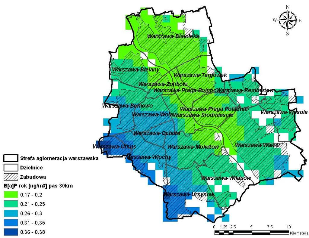 Rysunek 169 Rozkład stężeń benzo(α)pirenu o okresie uśredniania wyników pomiarów rok kalendarzowy pochodzących od emisji napływowej na terenie strefy aglomeracja warszawska w 2007 r.