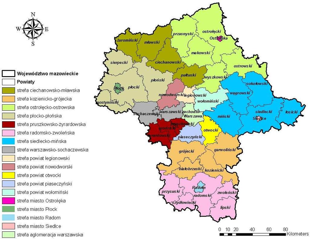 Lokalizację stref przedstawia Rysunek 1. Rysunek 1 Strefy w województwie mazowieckim, w których został przekroczony poziom docelowy benzo(α)pirenu w powietrzu. CHARAKTERYSTYKA STREF.