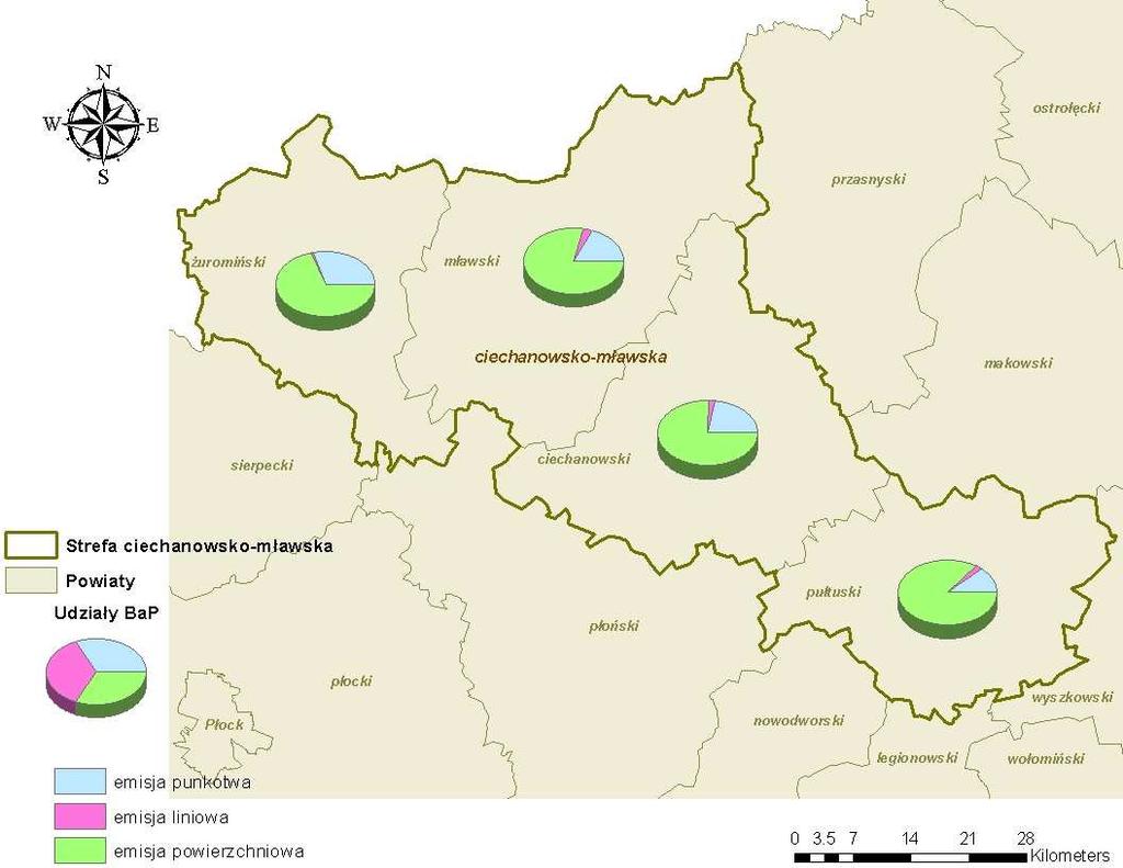 Rysunek 25 Udziały poszczególnych typów emisji w całości zinwentaryzowanej emisji w poszczególnych powiatach należących do strefy ciechanowsko-mławskiej Strefa kozienicko-grójecka Łącznie do obliczeń