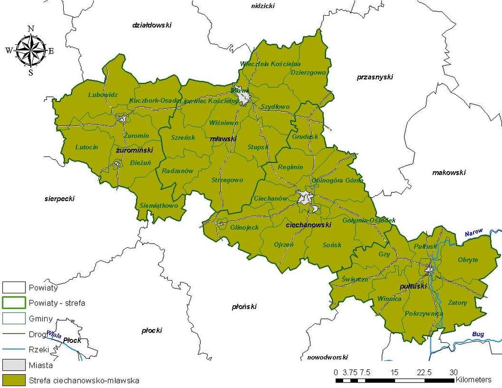 - powiat ciechanowski - 1 060 km 2, - powiat mławski - 1 182 km 2, - powiat pułtuski - 827 km 2, - powiat żuromiński - 807 km 2.