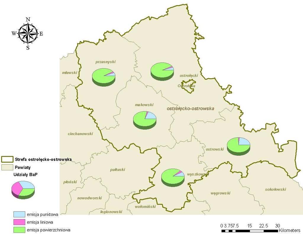 Rysunek 31 Udziały poszczególnych typów emisji w całości zinwentaryzowanej emisji w poszczególnych powiatach należących do strefy ostrołęcko-ostrowskiej Strefa płocko-płońska Łącznie do obliczeń