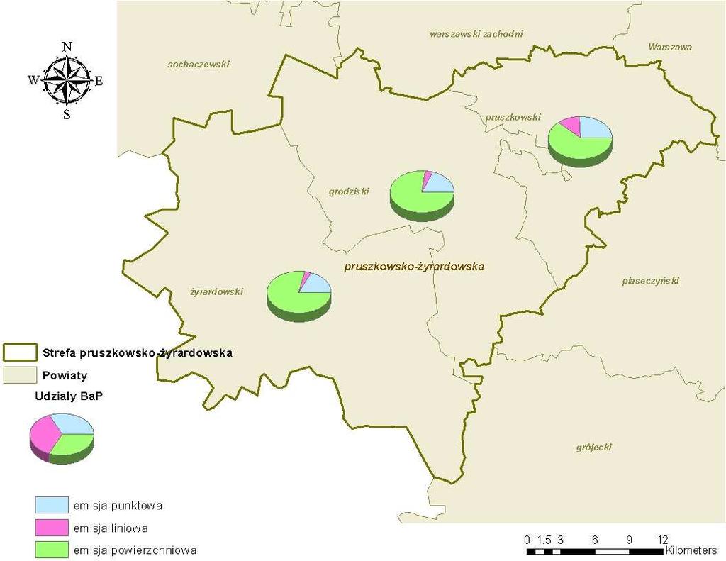 Rysunek 37 Udziały poszczególnych typów emisji w całości zinwentaryzowanej emisji w poszczególnych powiatach należących do strefy pruszkowsko-żyrardowskiej Strefa radomsko-zwoleńska Łącznie do