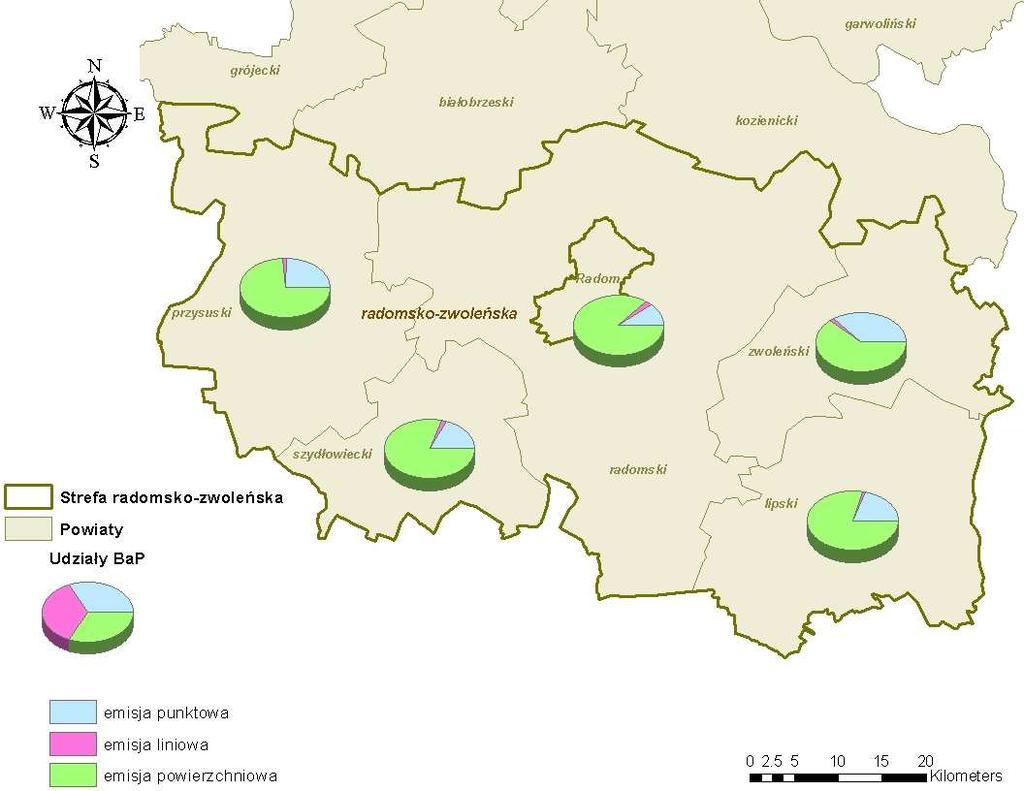 Rysunek 40 Udziały poszczególnych typów emisji w całości zinwentaryzowanej emisji w poszczególnych powiatach należących do strefy radomsko-zwoleńskiej Strefa siedlecko-mińska Łącznie do obliczeń