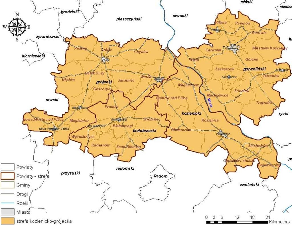 - powiat garwoliński - 1 285 km 2, - powiat grójecki 1 268 km 2, - powiat kozienicki - 916 km 2.