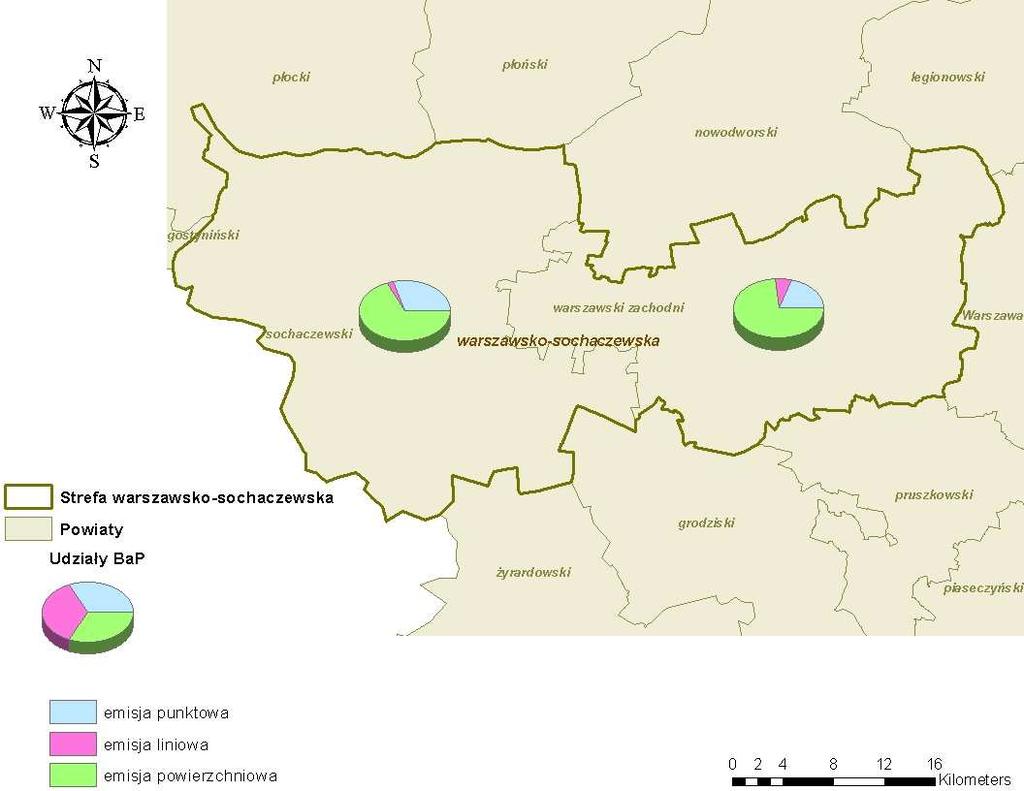 Rysunek 46 Udziały poszczególnych typów emisji w całości zinwentaryzowanej emisji w poszczególnych powiatach należących do strefy warszawsko-sochaczewskiej Powiat legionowski Łącznie do obliczeń
