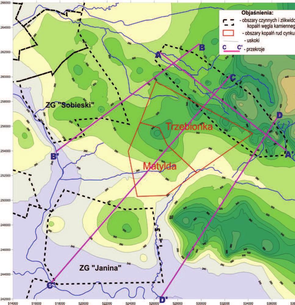 Górnictwo i Środowisko wyinterpolowane zwierciadło wód podziemnych może służyć jedynie do wstępnego zorientowania się w warunkach hydrogeologicznych i w takim właśnie celu zostało użyte. 5.3.