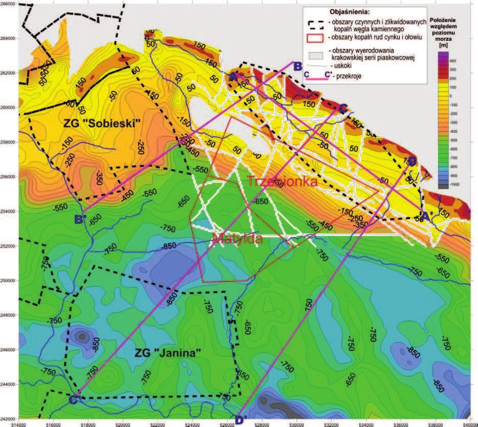 Mining and Environment 16 Rys. 6. Wyinterpolowana powierzchnia spągu krakowskiej serii piaskowcowej w rejonie badań (na podstawie [4] Fig. 6. Interpolated surface of the bottom of a Cracow sandstone series in the investigation region (on the basis of [4]) 5.