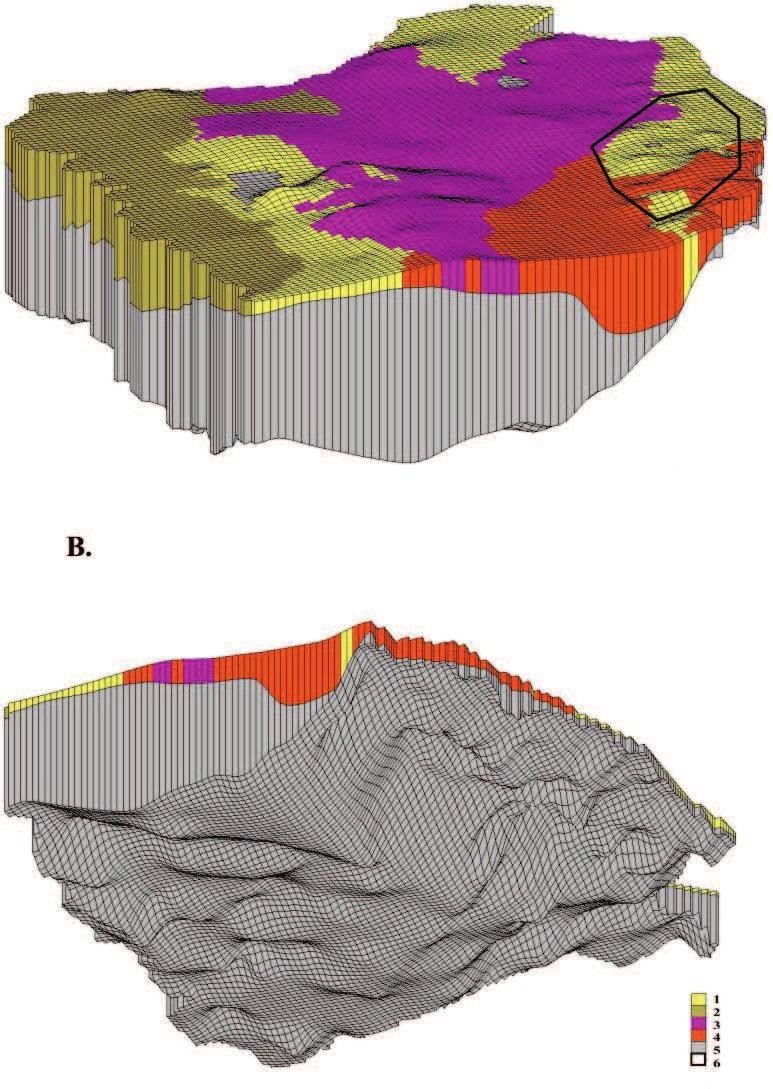 Mining and Environment a) b) Rys. 9. Obszar modelu w perspektywie 3D; A widok ogólny od strony południowo-wschodniej: 1 plejstocen, 2 neogen dolny, 3 trias, 4 perm, 5 karbon, 6 obszar b.