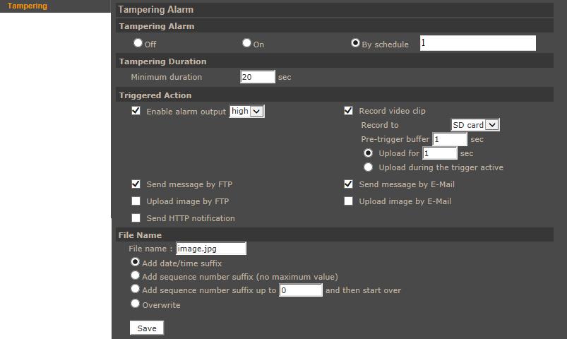 NVIP-7000 series IP camera user s manual ver.1.1 IP CAMERA CONFIGURATION 4.1.11. Tampering Tampering alarm allows to determine system reaction to camera manipulation.