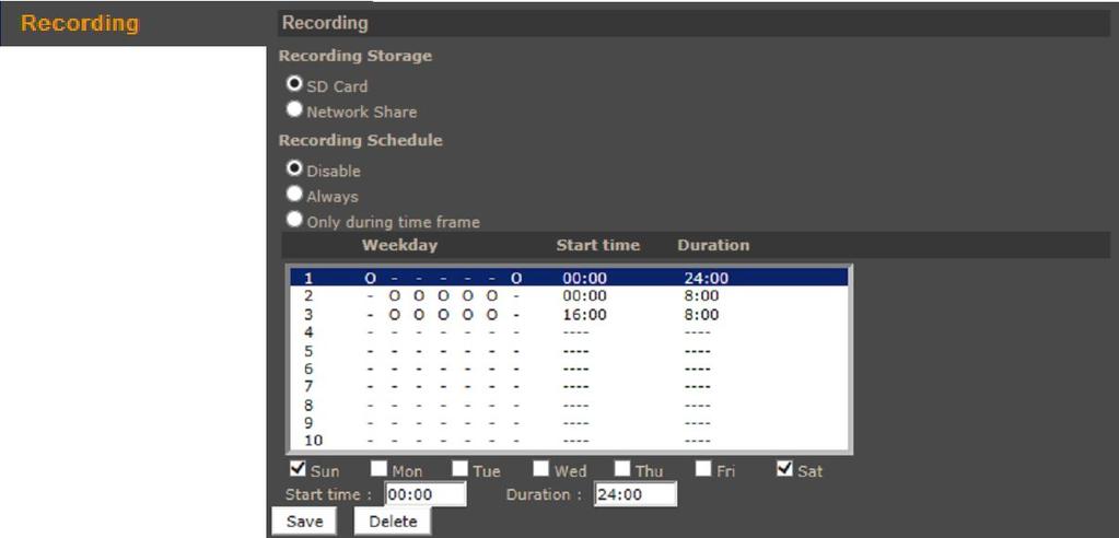 NVIP-7000 series IP camera user s manual ver.1.1 IP CAMERA CONFIGURATION 4.1.16. Recording Allows to manage data recordings on SD card or NAS. Recording can be continuous or based on defined schedule.