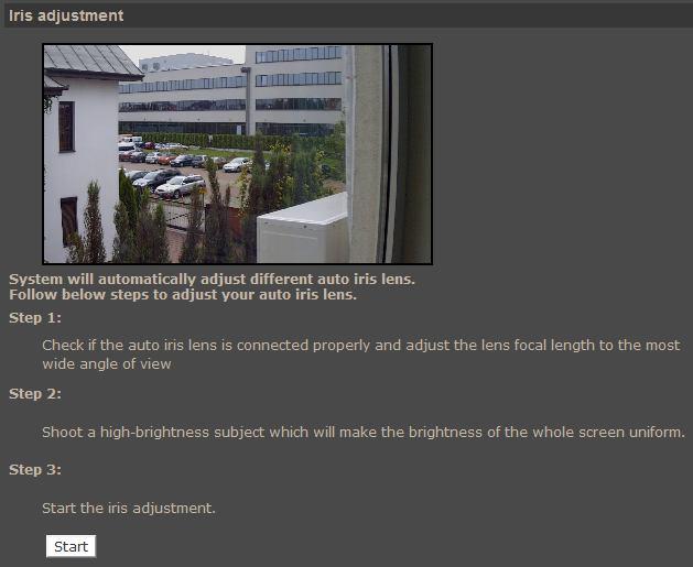 Iris adjustment Allows to adjust iris behavior for given light condition. It is necessary to calibrate iris for each camera in good light conditions.